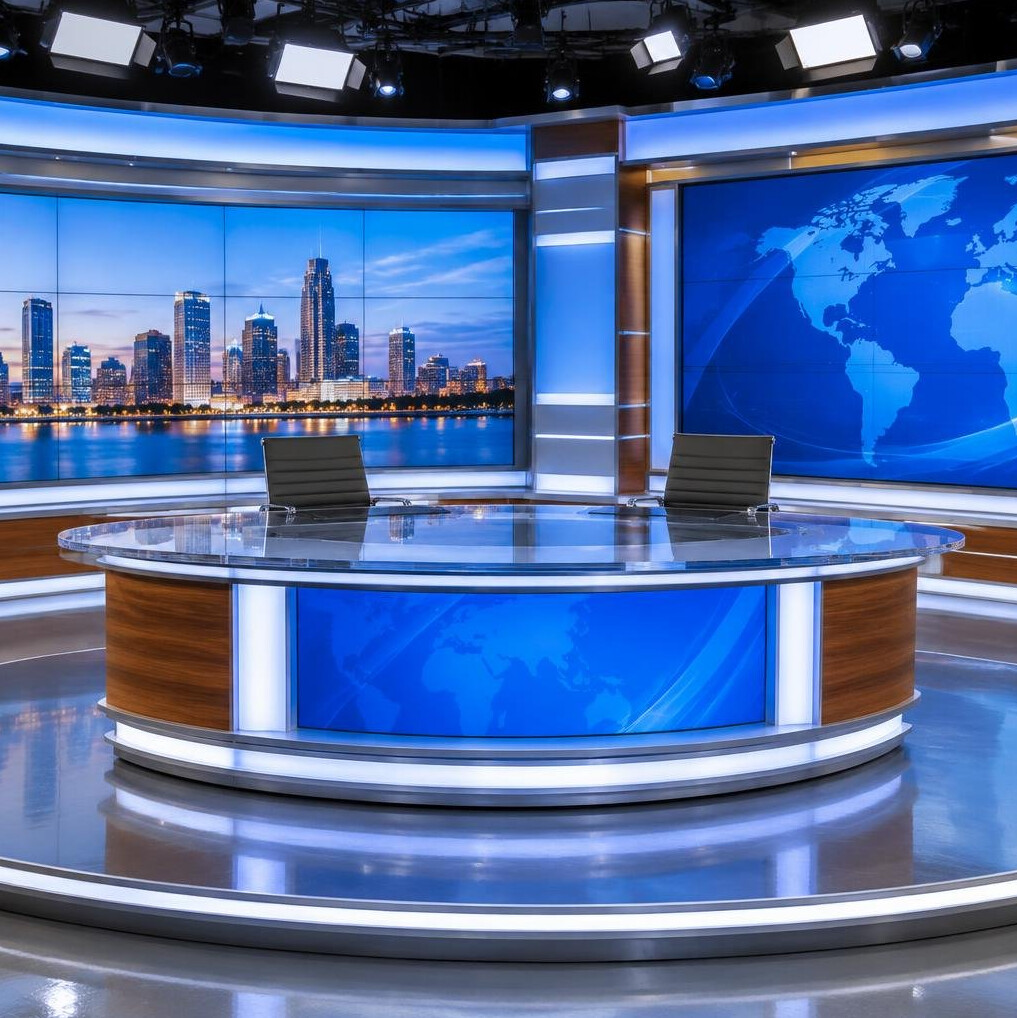 News anchor desk set with bright studio lighting