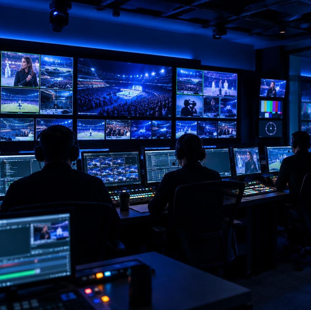 Broadcast control room with multiple monitors