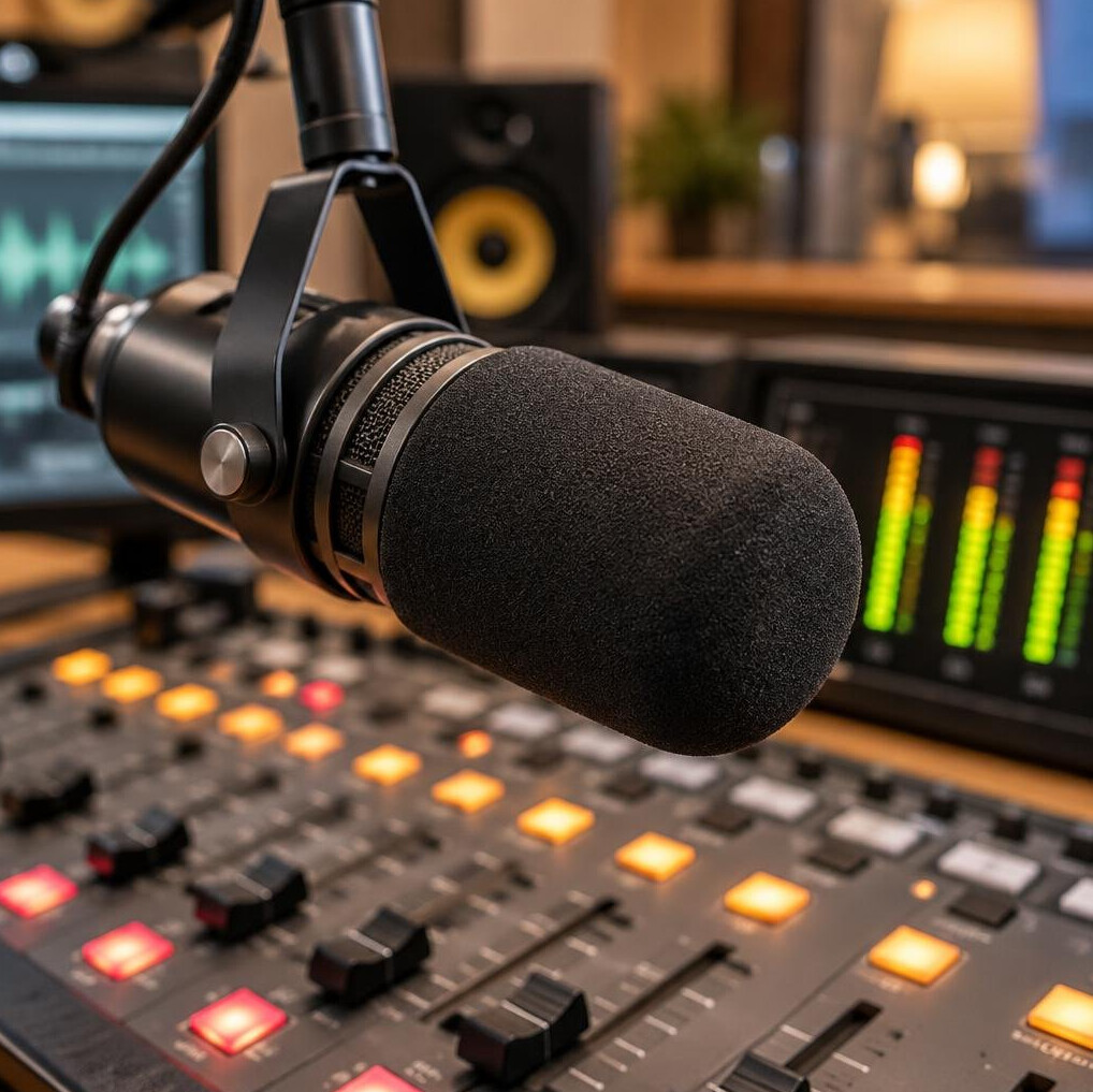 Close-up of a studio microphone and mixing console
