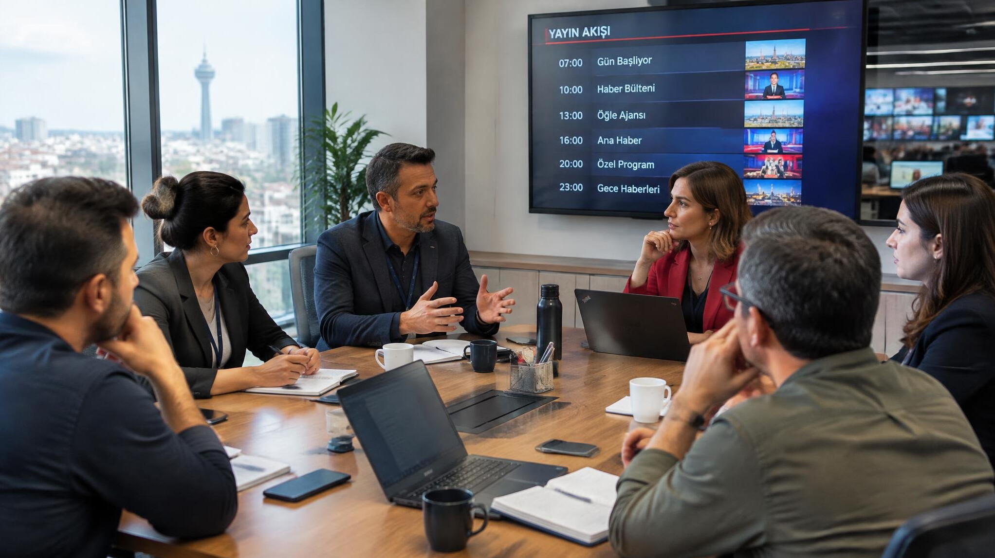 Newsroom team meeting discussing live broadcast strategy