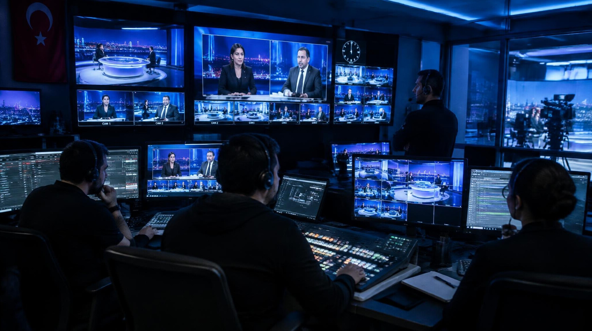 Television studio control room during a live broadcast