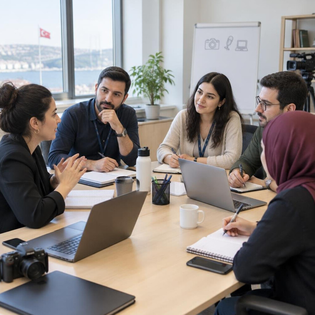 Turkish professionals in a training workshop discussing around a table