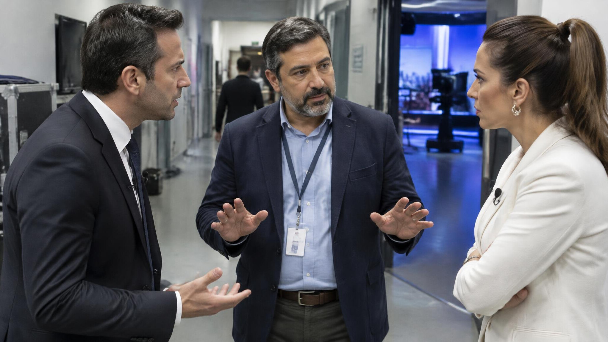 Turkish media consultant calming two presenters backstage at a TV studio